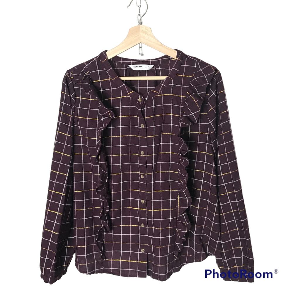 Sonoma Women's PL Petite Large Wine Color Long Sleeved Button Up Flannel Blouse